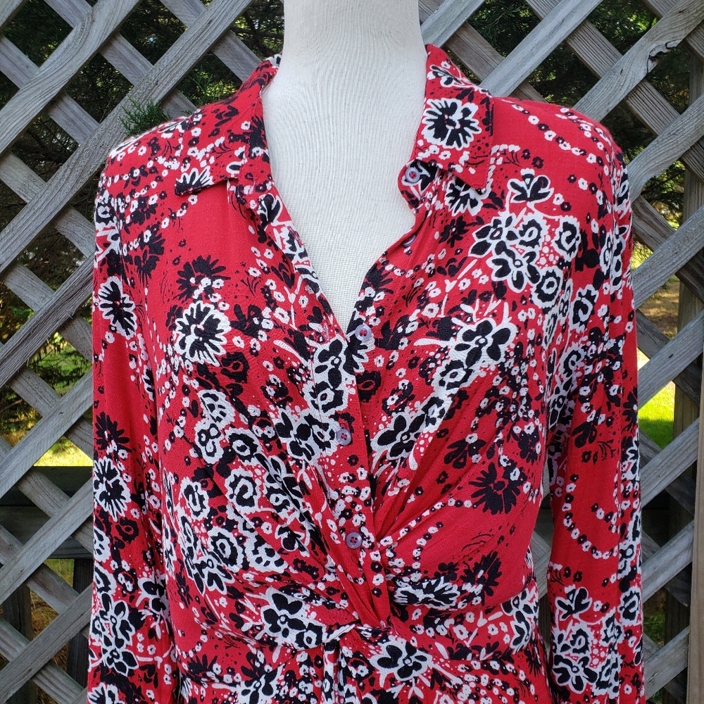 Free People Red Printed Button Down Asymetrical Dress, s10